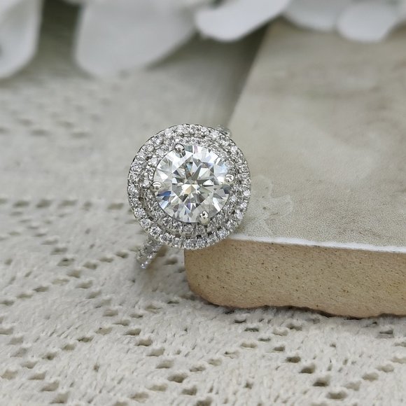 2Ct Moissanite Double Halo Ring 925 Sterling Silver - Picture 2 of 5